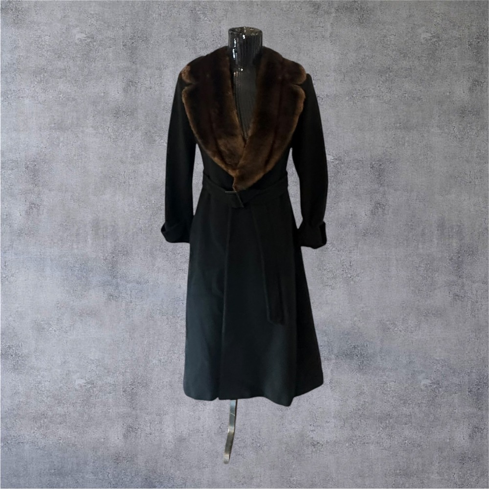 Lauren Ralph Lauren Maxi Coat Womens 2P Black Wool Cashmere Faux Fur